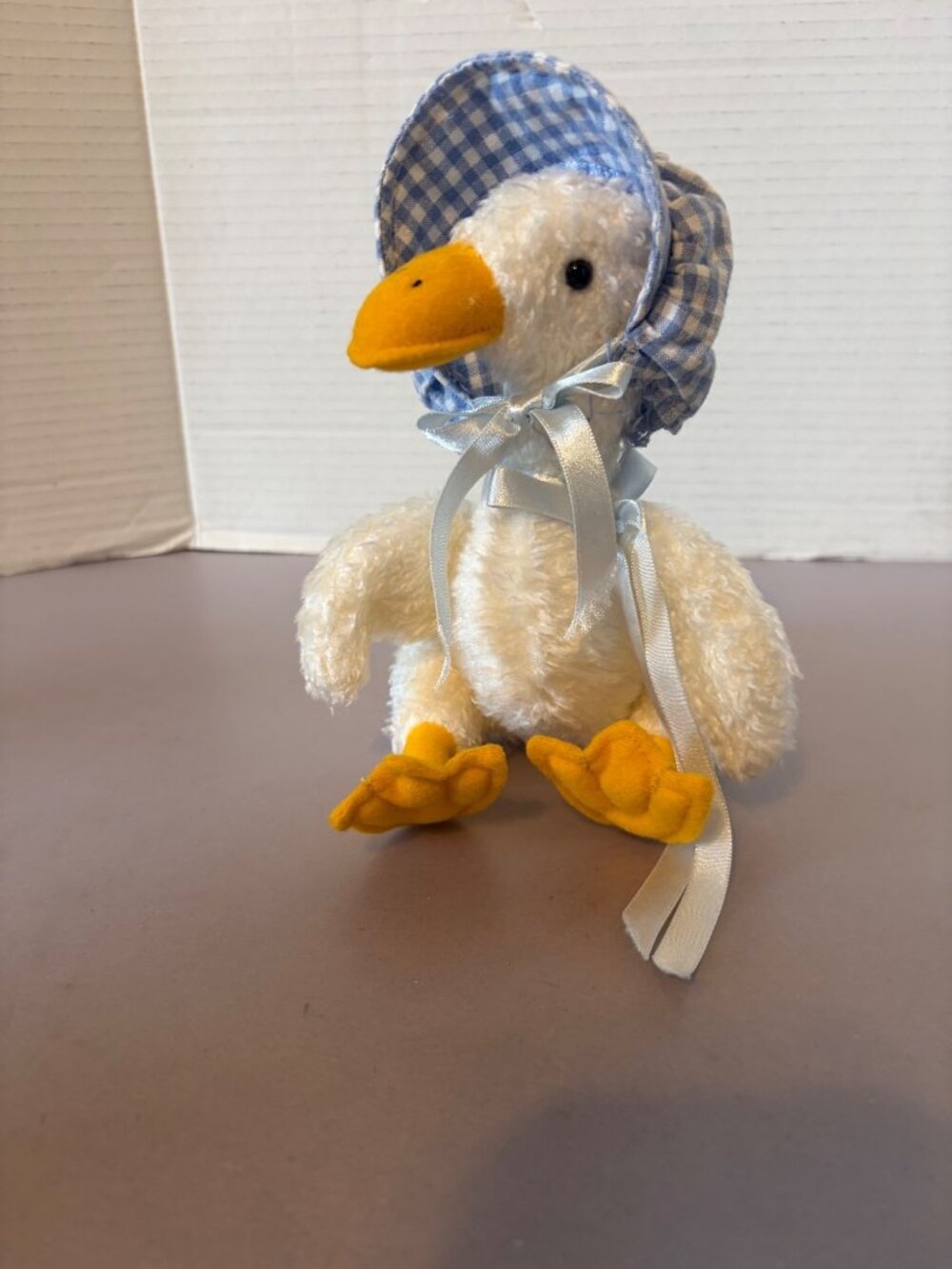 Ty Georgette the Goose Plush With Blue Gingham Bonnet And White Satin Ribbon